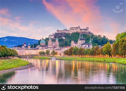 Beautiful view of Salzburg city skyline in the summer at sunset, Austria