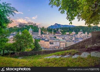 Beautiful view of Salzburg city skyline in the summer at sunset, Austria