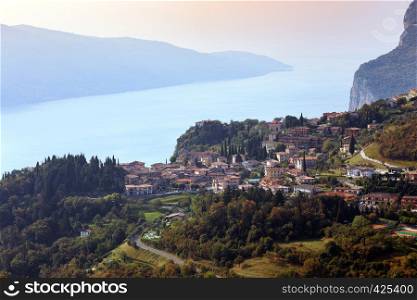 beautiful view of the famous small town Tremosine at Lake Garda, Italy.