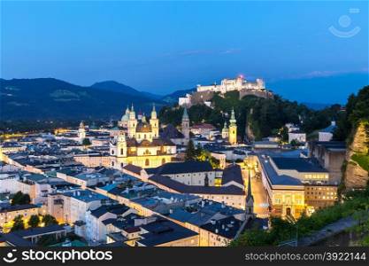 Beautiful view of the historic city of Salzburger Land, Austria at dusk