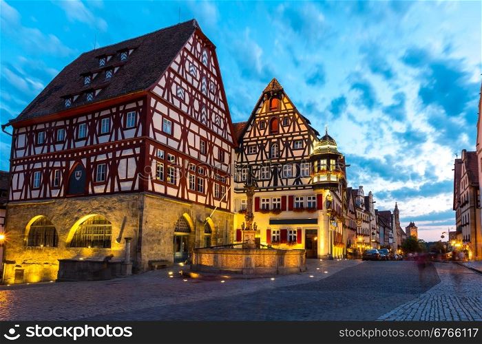 Beautiful view of the historic town of Rothenburg ob der Tauber, Franconia, Bavaria, Germany at dusk