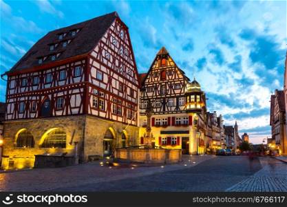 Beautiful view of the historic town of Rothenburg ob der Tauber, Franconia, Bavaria, Germany at dusk