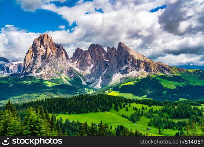 Beautiful view of The Langkofel group of the Dolomites and The Seiser Alm in South Tyrol, Italy