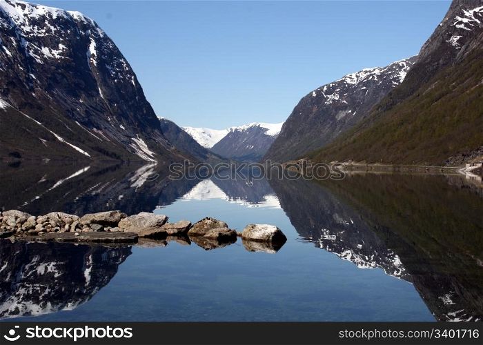 Beautiful view of the Norvegian fiord. Scenery near Flam and Aurland.