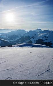 Beautiful view of the snowy mountains, winter sport. Panorama of the Austrian ski resort of Saalbach-Hinterglemm , Austria. Beautiful view of the snowy mountains, winter sport.