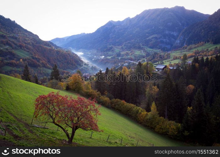 beautiful view of the valley with fog. autumn landscape in the Austrian mountains