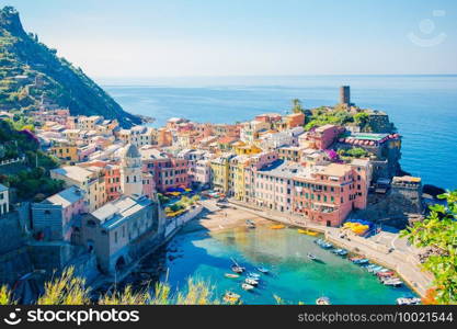 Beautiful view of Vernazza from above. One of five famous colorful villages of Cinque Terre National Park in Italy. Stunning view of the beautiful and cozy village of Vernazza in the Cinque Terre Reserve