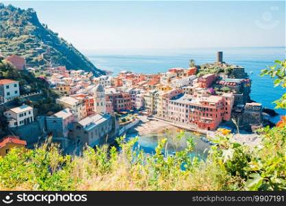 Beautiful view of Vernazza from above. One of five famous colorful villages of Cinque Terre National Park in Italy. Stunning view of the beautiful and cozy village of Vernazza in the Cinque Terre Reserve