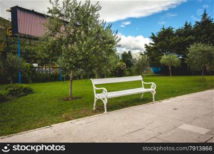 Beautiful view of white bench in park with trees and lawn