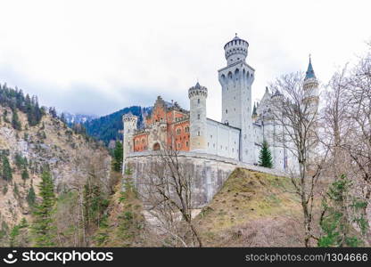 Beautiful view of world-famous Neuschwanstein Castle, the nineteenth-century Romanesque Revival palace built for King Ludwig II on a rugged cliff near Fussen, southwest Bavaria, Germany