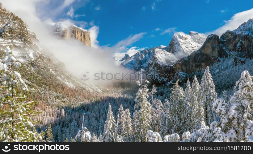 Beautiful view of yosemite national park winter season in California, USA