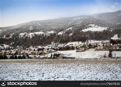 Beautiful view on Austrian highland town covered with snow