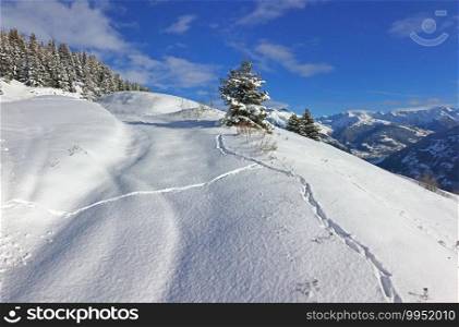 beautiful  view on fresh snowcapped mountain  under blue sky 