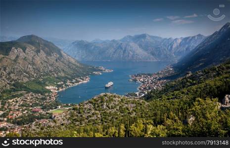 Beautiful view on Kotor harbor at sunny day from mountain Lovcen