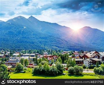Beautiful view on mountainous village, Seefeld in Tirol is an old farming town, major tourist resort in Innsbruck-Land District in Austria, Europe