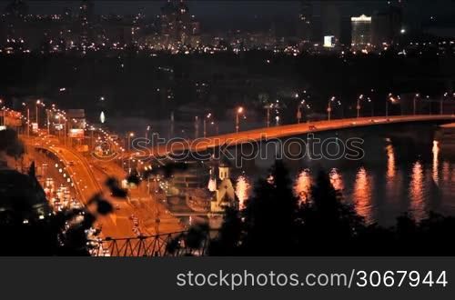 beautiful view on night city with lighted bridges, Kiev, Ukraine