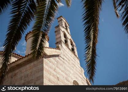Beautiful view on orthodox church through palm tree leaves