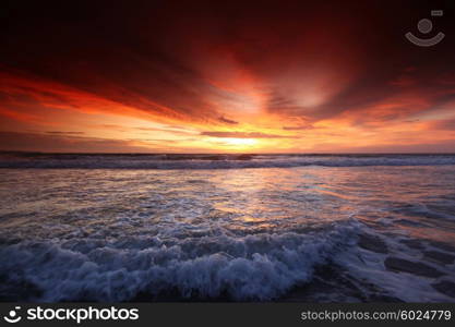 Beautiful view on sea under sunset sky on Bali, Seminyak, Double six beach