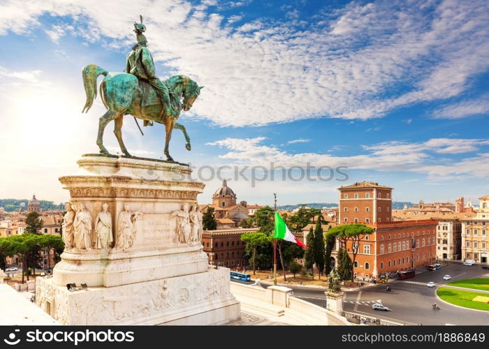 Beautiful view on the Monument to Victor Emmanue and Piazza Venezia, Rome, Italy.