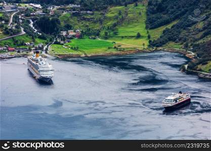 beautiful view to Geiranger fjord with cruise ship