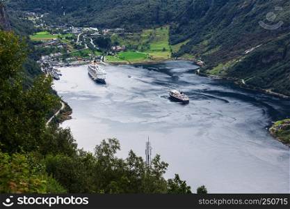 beautiful view to Geiranger fjord with cruise ship