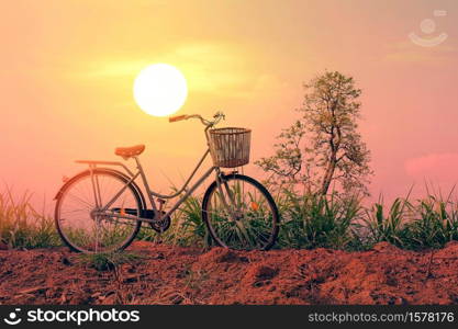 Beautiful vintage bicycle in the field with colorful sunlight and blue sky ; vintage filter style for greeting card and post card.