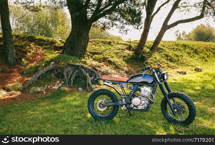 Beautiful vintage custom motorcycle parked in the field. Custom motorcycle parked in the field