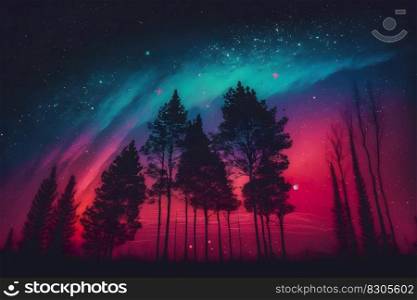 Beautiful w∫er forest at night and northern lights. Neural≠twork AI≥≠rated art. Beautiful w∫er forest at night and northern lights. Neural≠twork AI≥≠rated