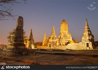Beautiful Wat Chai Watthanaram temple in ayutthaya Thailand at twilight time is most popular tourist