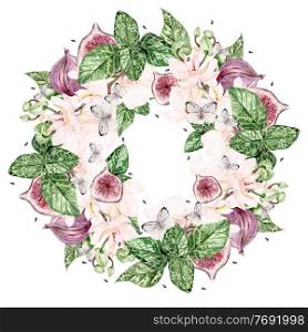 Beautiful watercolor bright wreath with orchid flowers and  fig fruits, butterflies. Illustration. Beautiful watercolor bright wreath with orchid flowers and  fig fruits, butterflies. 