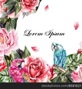 Beautiful watercolor card with flowers peony, rose and a parrot. Illustration. Beautiful watercolor card with flowers peony, rose and a parrot.
