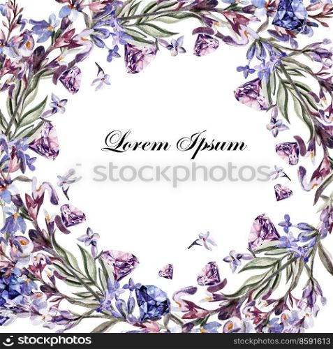 Beautiful watercolor card with lavender flowers and plants. Illustration. Beautiful watercolor card with lavender flowers and plants.