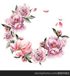 Beautiful watercolor card with Peony flower and roses. Wedding wreath.. Beautiful watercolor card with Peony flower and roses.