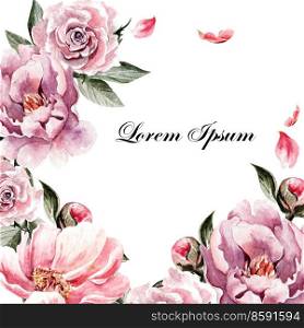 Beautiful watercolor card with peony flowers, roses and plants.   Illustration. Beautiful watercolor card with peony flowers, roses and plants.