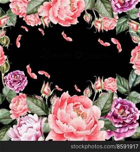 Beautiful watercolor card with peony flowers, roses. Illustration