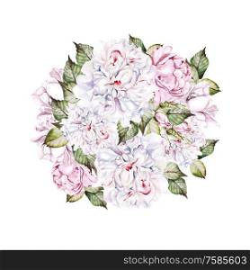 Beautiful watercolor card with Peony, rose and leaves. Wedding wreath. Illustration. Beautiful watercolor card with Peony, rose and leaves. Wedding wreath.