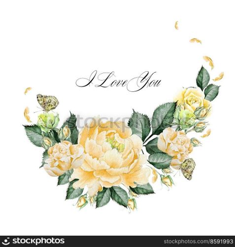 Beautiful watercolor card with roses flower and butterfly. Wedding wreath.