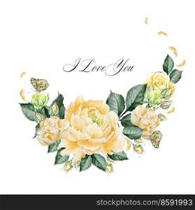 Beautiful watercolor card with roses flower and butterfly. Wedding wreath.