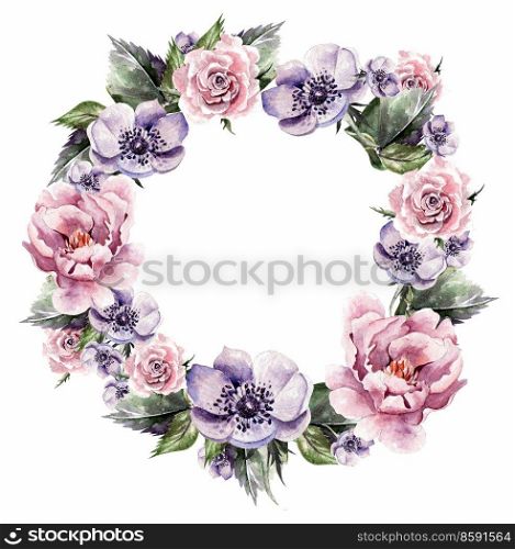 Beautiful watercolor card with Roses flowers and anemone.  Wedding wreath.. Beautiful watercolor card with Roses flowers and anemone.