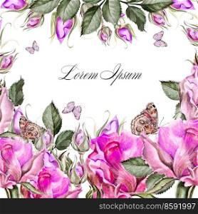 Beautiful watercolor card with roses flowers. Illustration. Beautiful watercolor card with roses flowers. 
