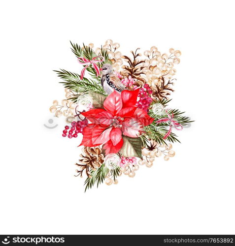 Beautiful watercolor Christmas bouquet with birds, poinsettia and snowberry. Illustration . Beautiful watercolor Christmas bouquet with birds, poinsettia and snowberry.