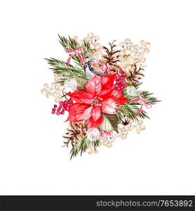Beautiful watercolor Christmas bouquet with birds, poinsettia and snowberry. Illustration . Beautiful watercolor Christmas bouquet with birds, poinsettia and snowberry.