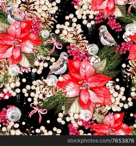 Beautiful watercolor Christmas pattern with birds, poinsettia and snowberry. Illustration . Beautiful watercolor Christmas pattern with birds, poinsettia and snowberry.