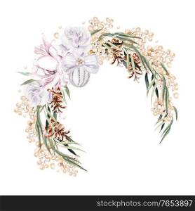 Beautiful watercolor Christmas wreath with roses and peony, berries and eucalyptus leaves. Illustration. Beautiful watercolor Christmas wreath with roses and peony, berries and eucalyptus leaves.