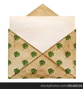 Beautiful watercolor drawing of a postal envelope with a cloverleaf pattern. Closeup, no people, texture. Congratulations for loved ones, relatives, friends and colleagues. Beautiful watercolor drawing of a postal envelope