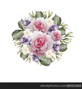 Beautiful watercolor of roses and flower anemone . Bridal wreath. Illustration. Beautiful watercolor of roses and flower anemone . Bridal wreath.