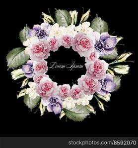 Beautiful watercolor of roses and flower anemone . Bridal wreath. Illustration. Beautiful watercolor of roses and flower anemone . Bridal wreath.