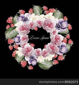 Beautiful watercolor of roses, flower anemone and raspberries . Bridal wreath. Illustration. Beautiful watercolor of roses, flower anemone and raspberries . Bridal wreath. 