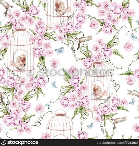 Beautiful watercolor pattern with birds and flowers and bird cage. Illustration. Beautiful watercolor pattern with birds and flowers and bird cage. 