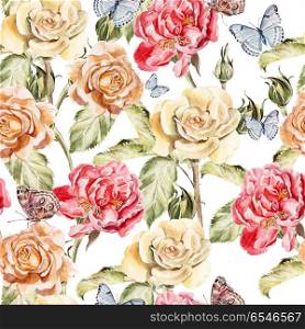 Beautiful watercolor pattern with butterflies, flowers of peony . Beautiful watercolor pattern with butterflies, flowers of peony and roses.. Beautiful watercolor pattern with butterflies, flowers of peony and roses. Illustration